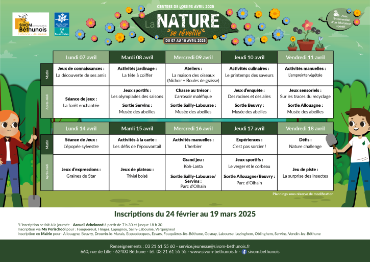 Planning Centre de loisirs des vacances de Printemps 2025