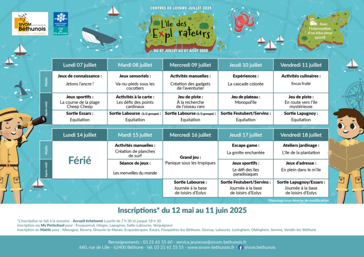 Planning du lundi 7 au vendredi 18 juillet 2025